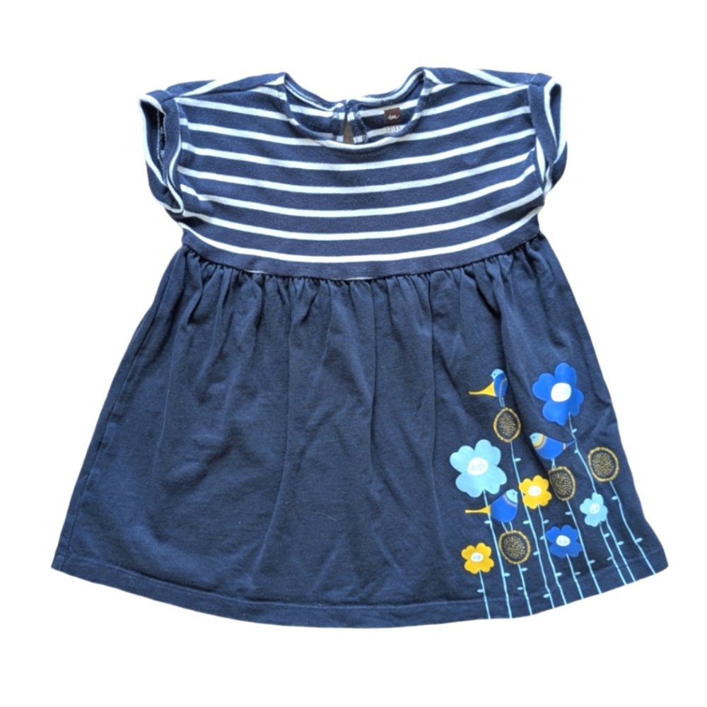 Tea Collection Navy Striped Empire Dress with Floral Bird Design - Size 12-18M.